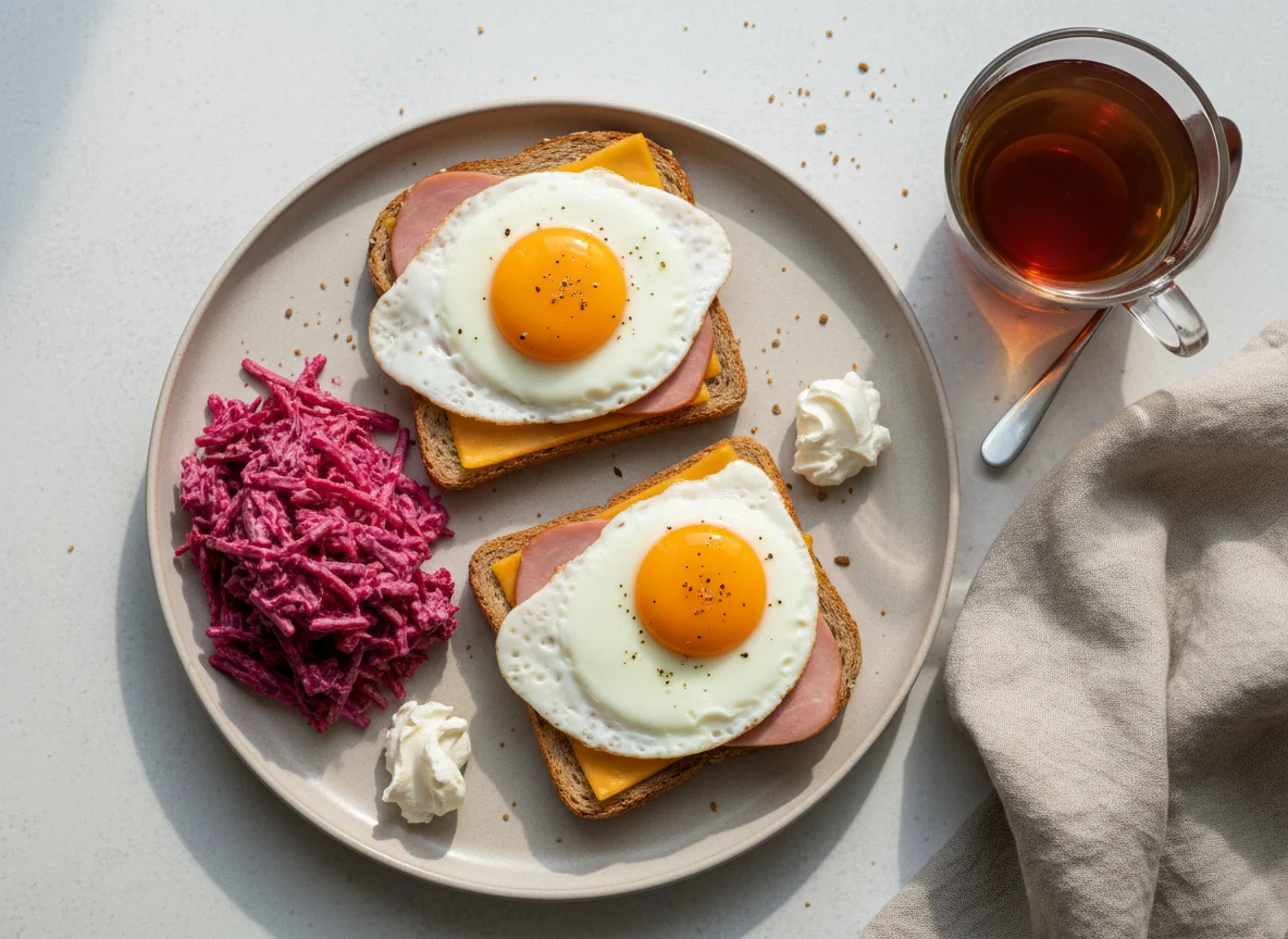 Завтрак с тостами, яйцом, ветчиной и свекольным салатом photo