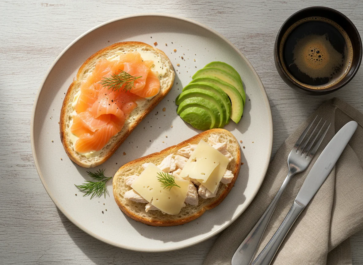 Завтрак с тостами, авокадо и кофе photo