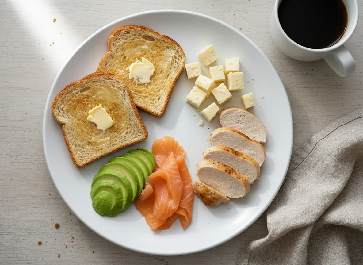 Завтрак с тостами, авокадо и мясом/рыбой photo