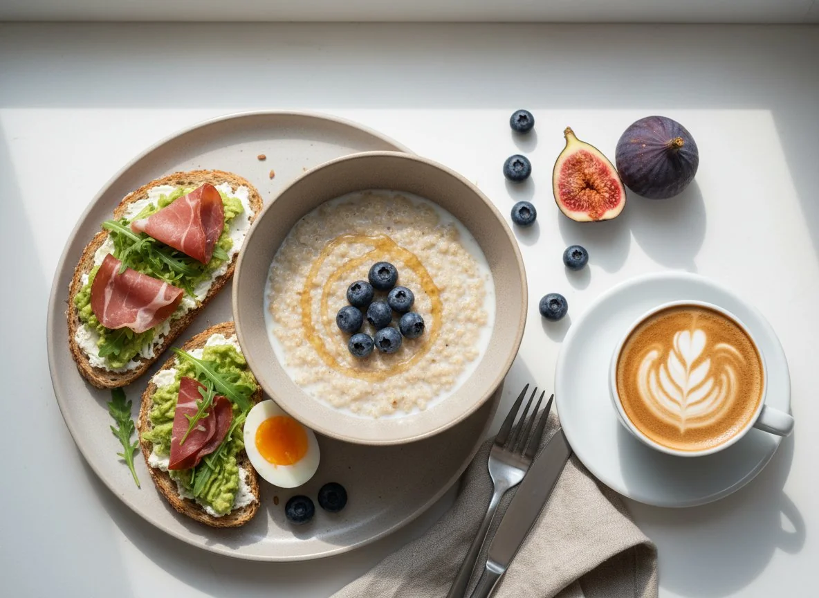 Завтрак с тостами, фруктами и кашей photo