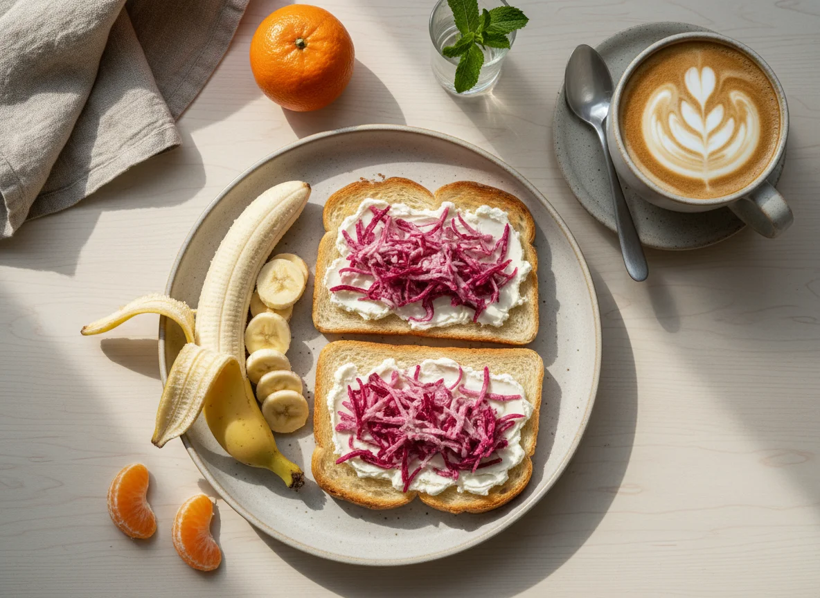 Завтрак с тостами, фруктами и кофе photo