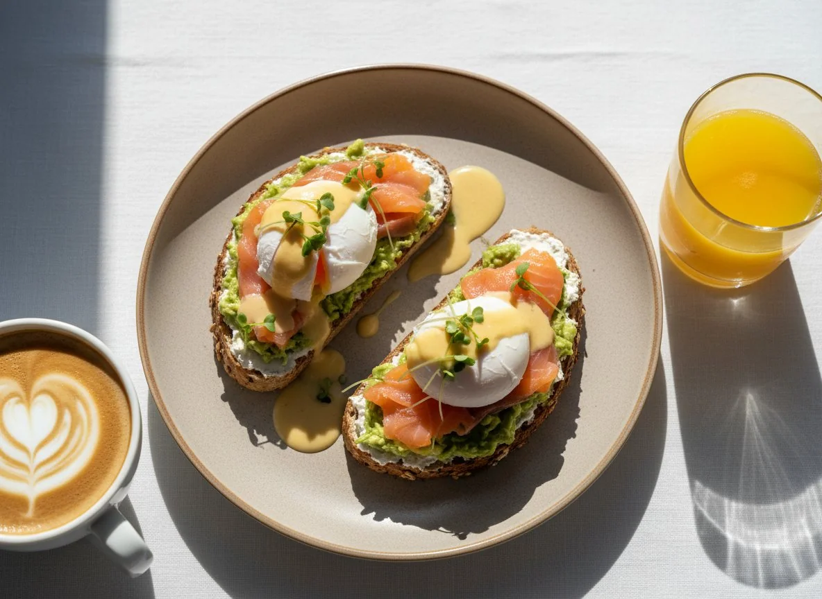 Завтрак с тостами и яйцами пашот photo