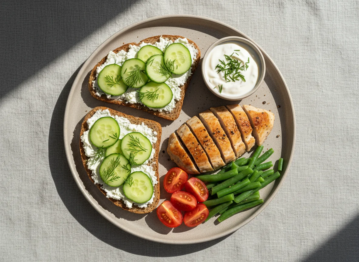 Завтрак с тостами, курицей и стручковой фасолью photo