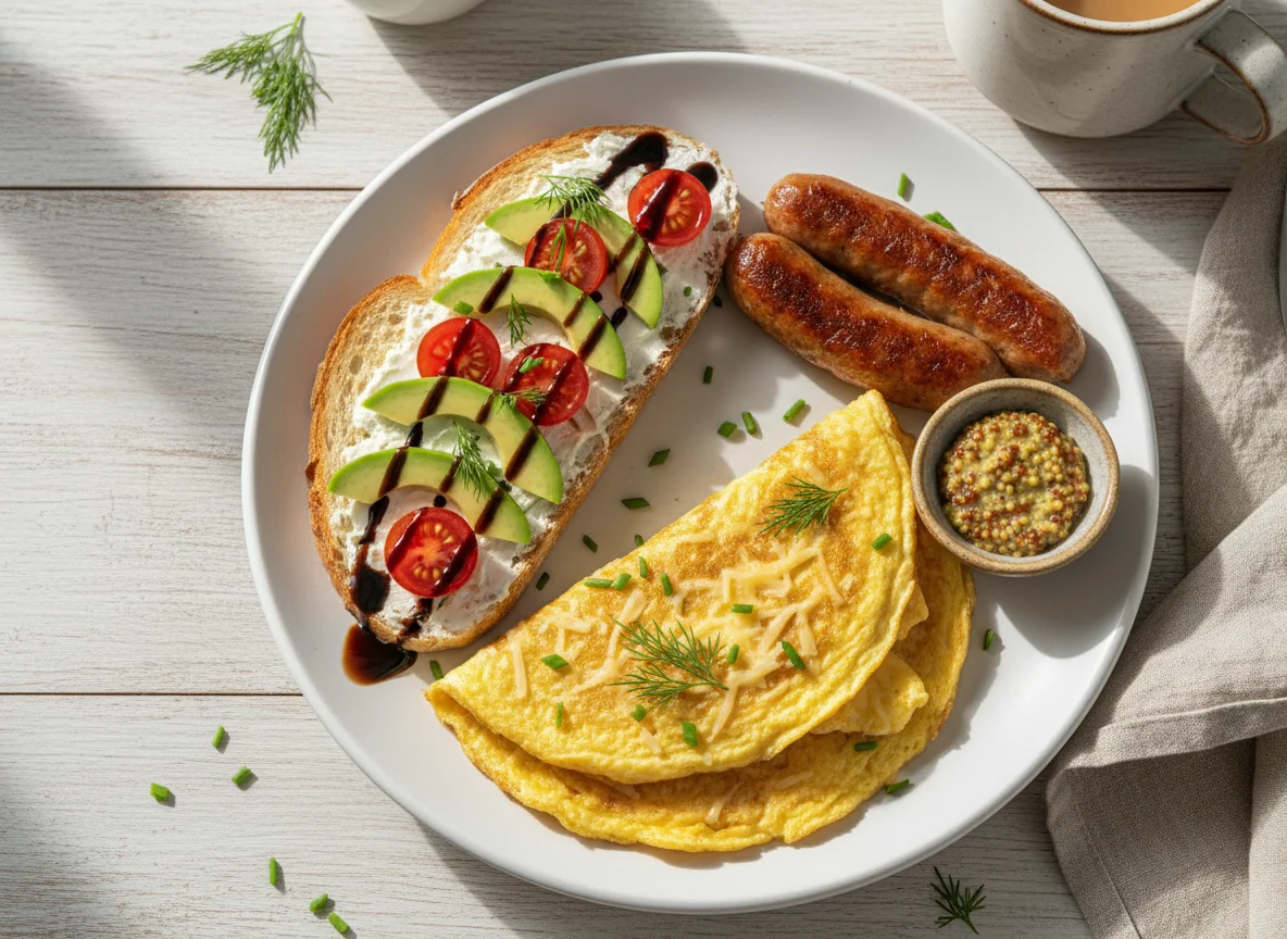 Завтрак с тостами, омлетом и сосисками photo