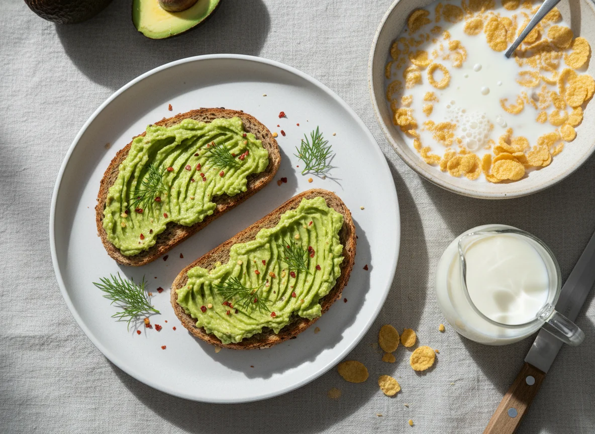 Завтрак с тостами с авокадо и хлопьями с молоком photo