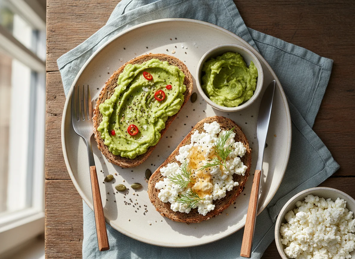 Завтрак с тостами с авокадо и творогом photo