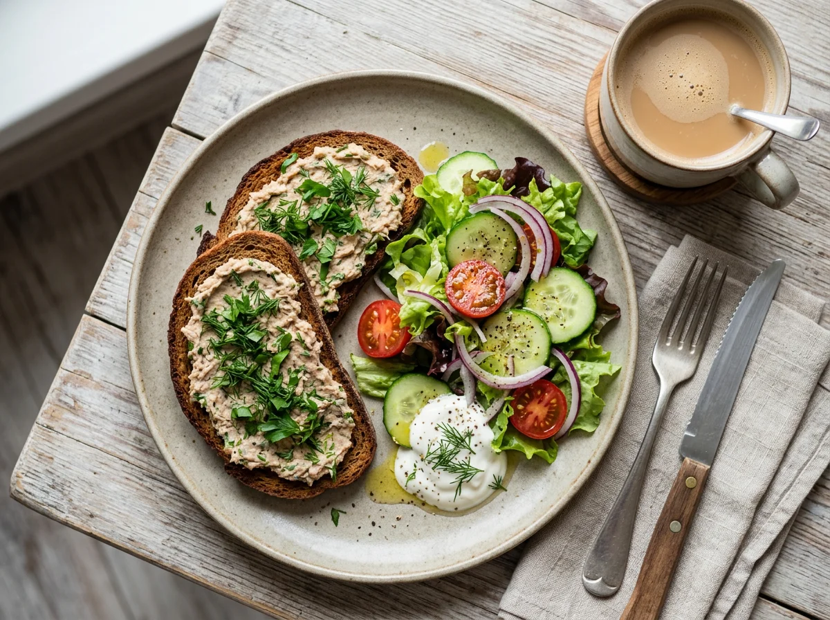 Завтрак с тостами, салатом и кофе photo