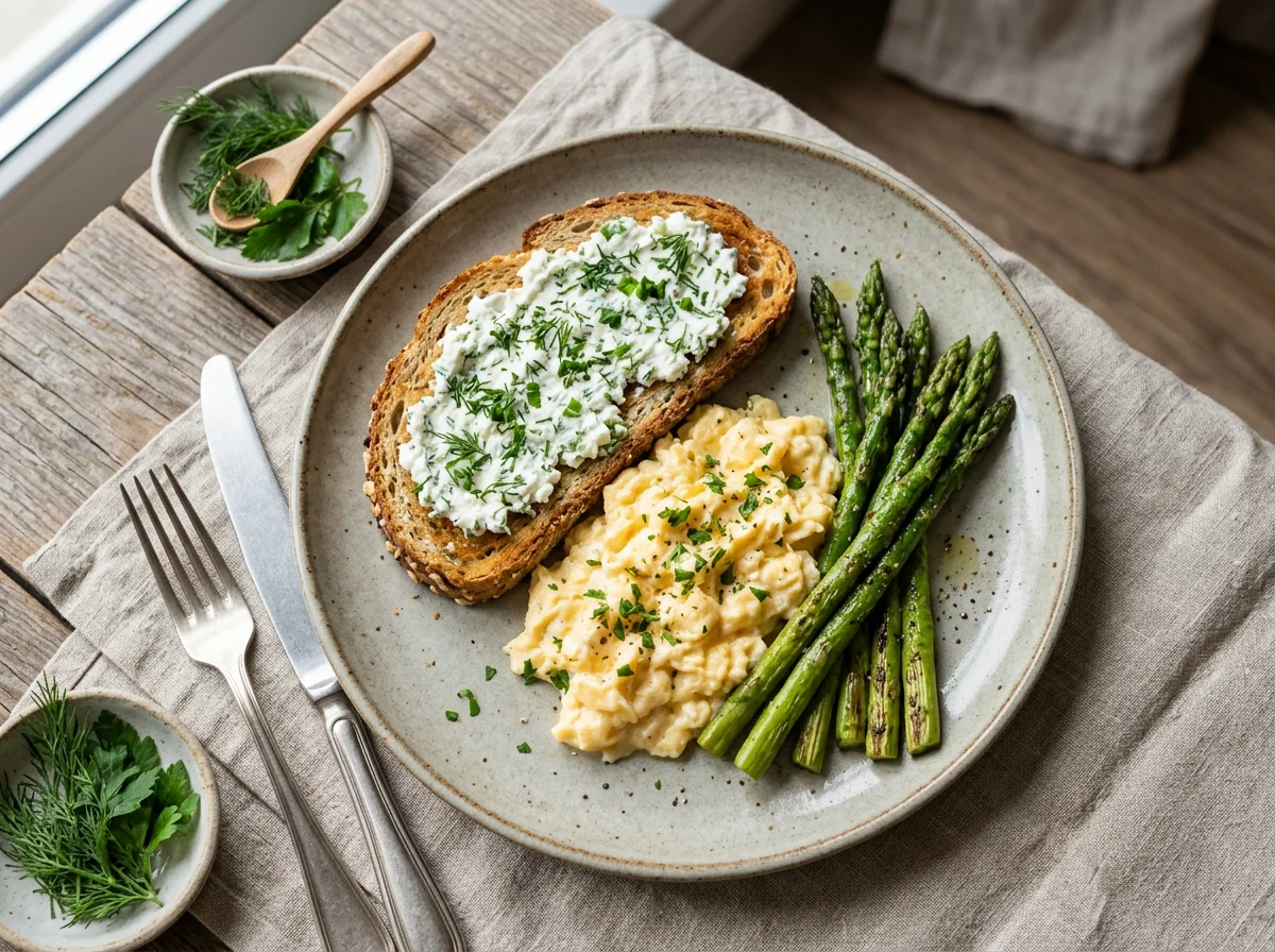 Завтрак с тостами, спаржей и яичницей photo