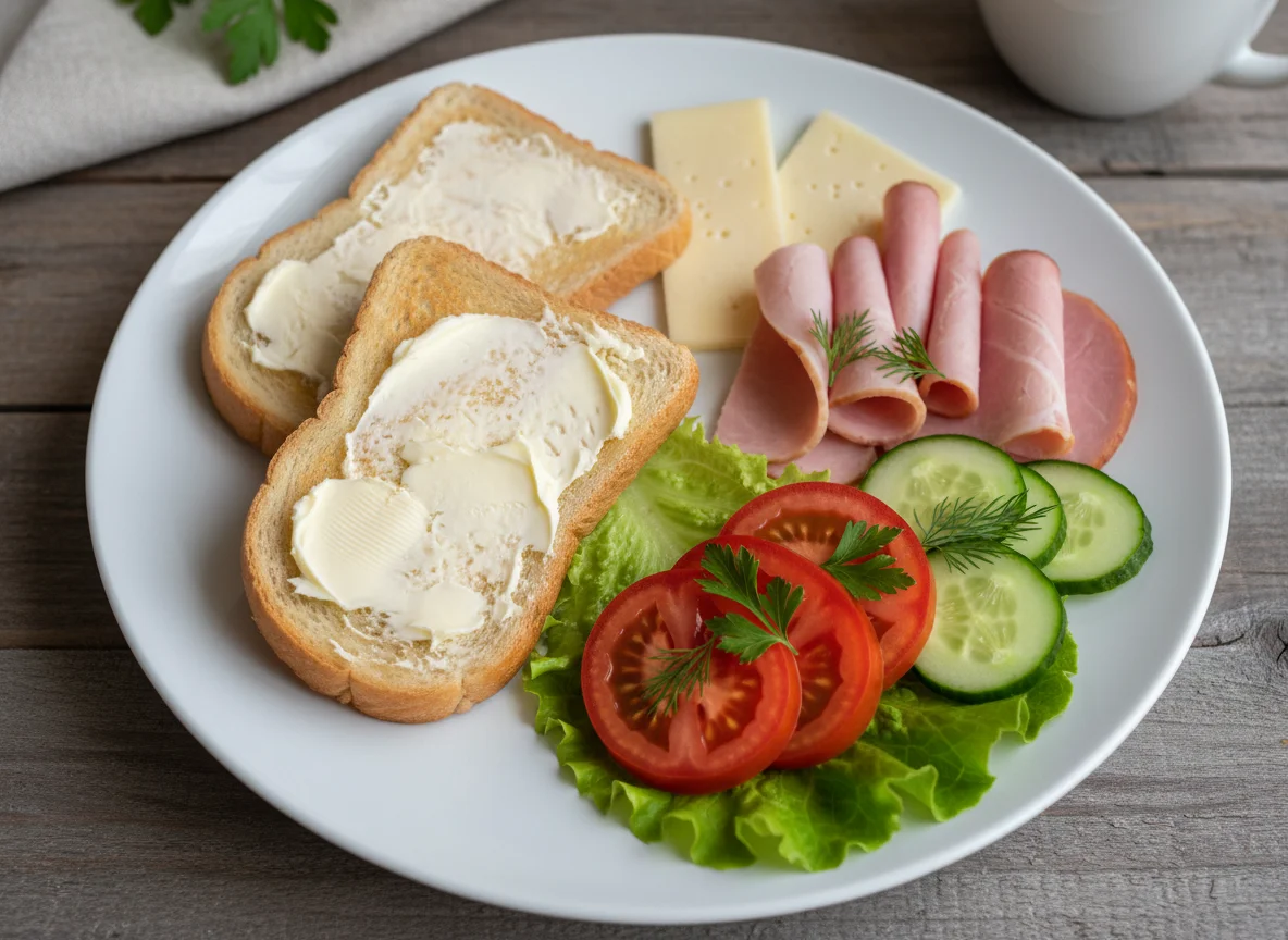 Завтрак с тостами, ветчиной и овощами photo