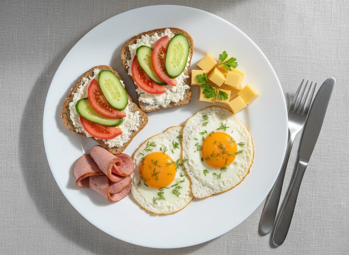 Завтрак с тостом, яичницей и колбасой photo