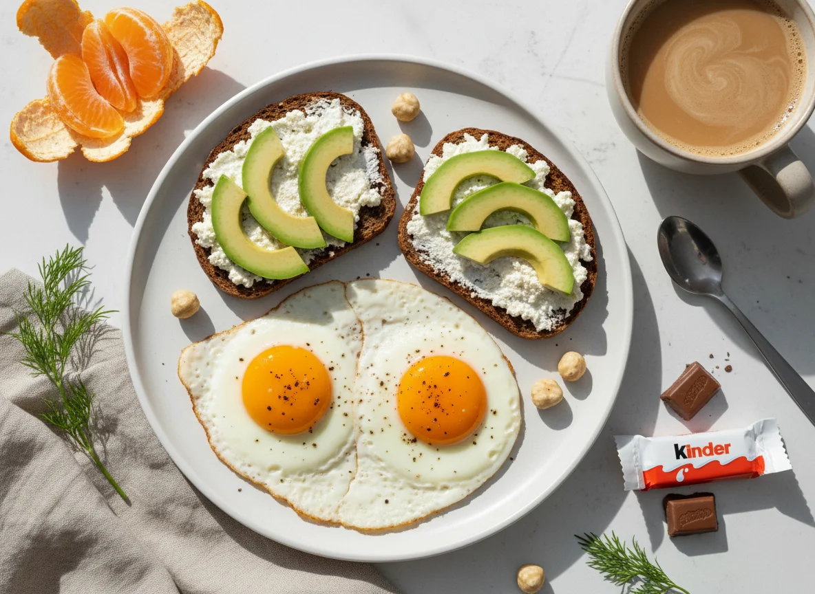 Завтрак с тостом, яйцами и кофе photo