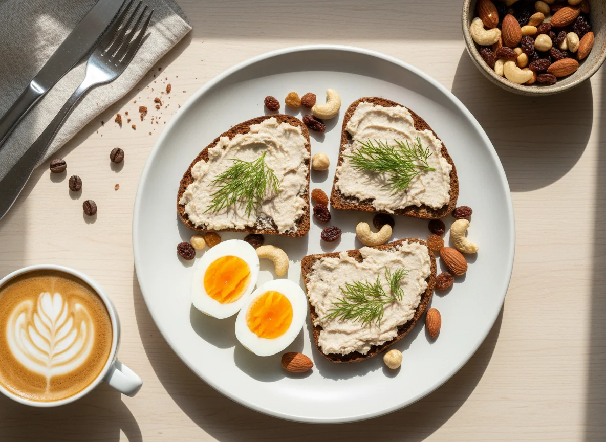 Завтрак с тостом, яйцами и орехами photo