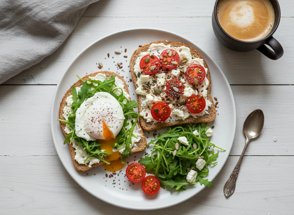 Завтрак с тостом, яйцом и салатом photo