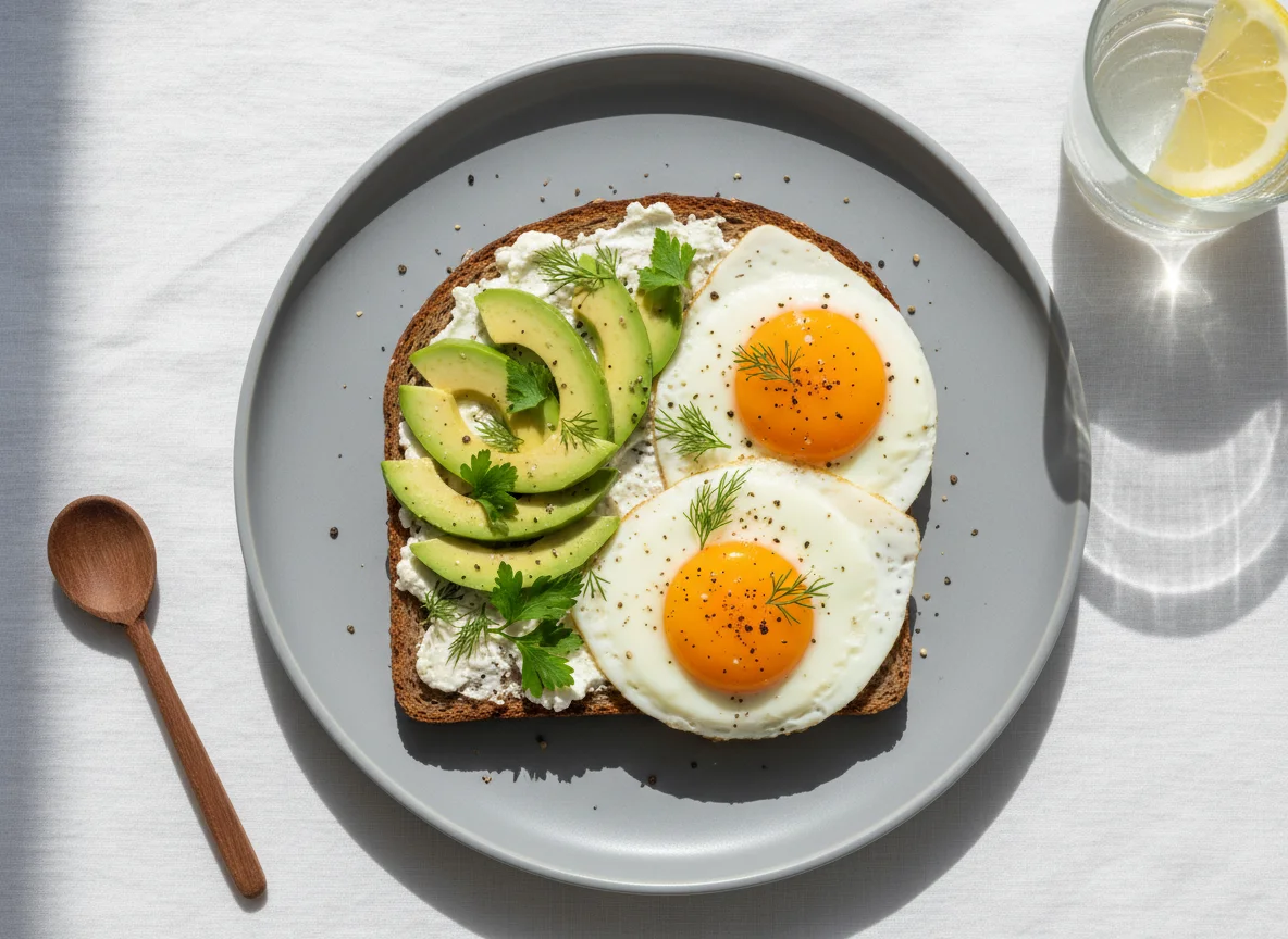 Завтрак с тостом и яичницей photo