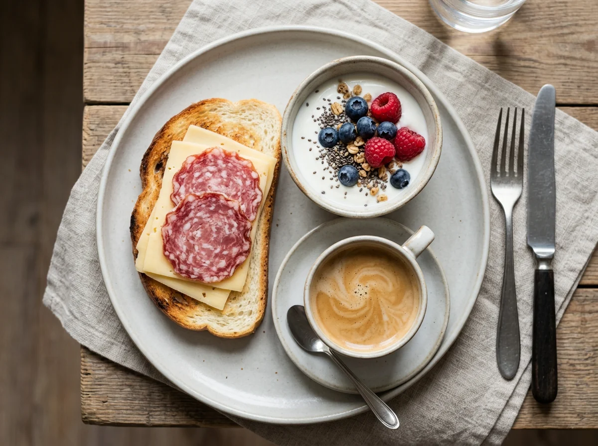 Завтрак с тостом, йогуртом и кофе photo