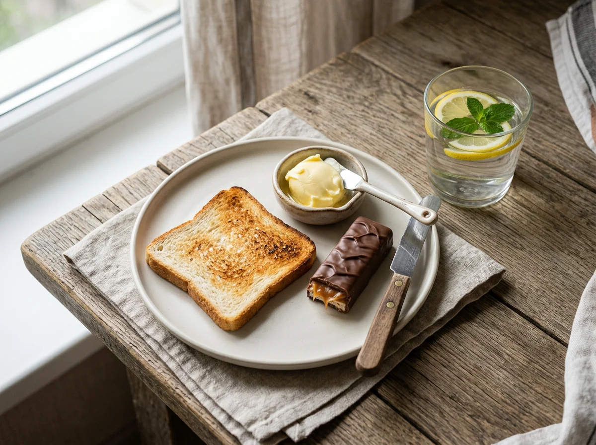 Завтрак с тостом, маслом, конфетами и лимонной водой photo