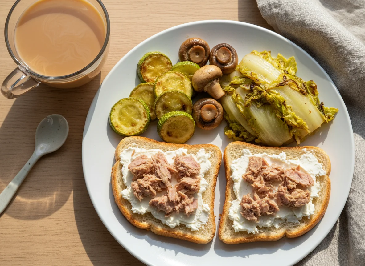 Завтрак с тостом, овощами и чаем photo