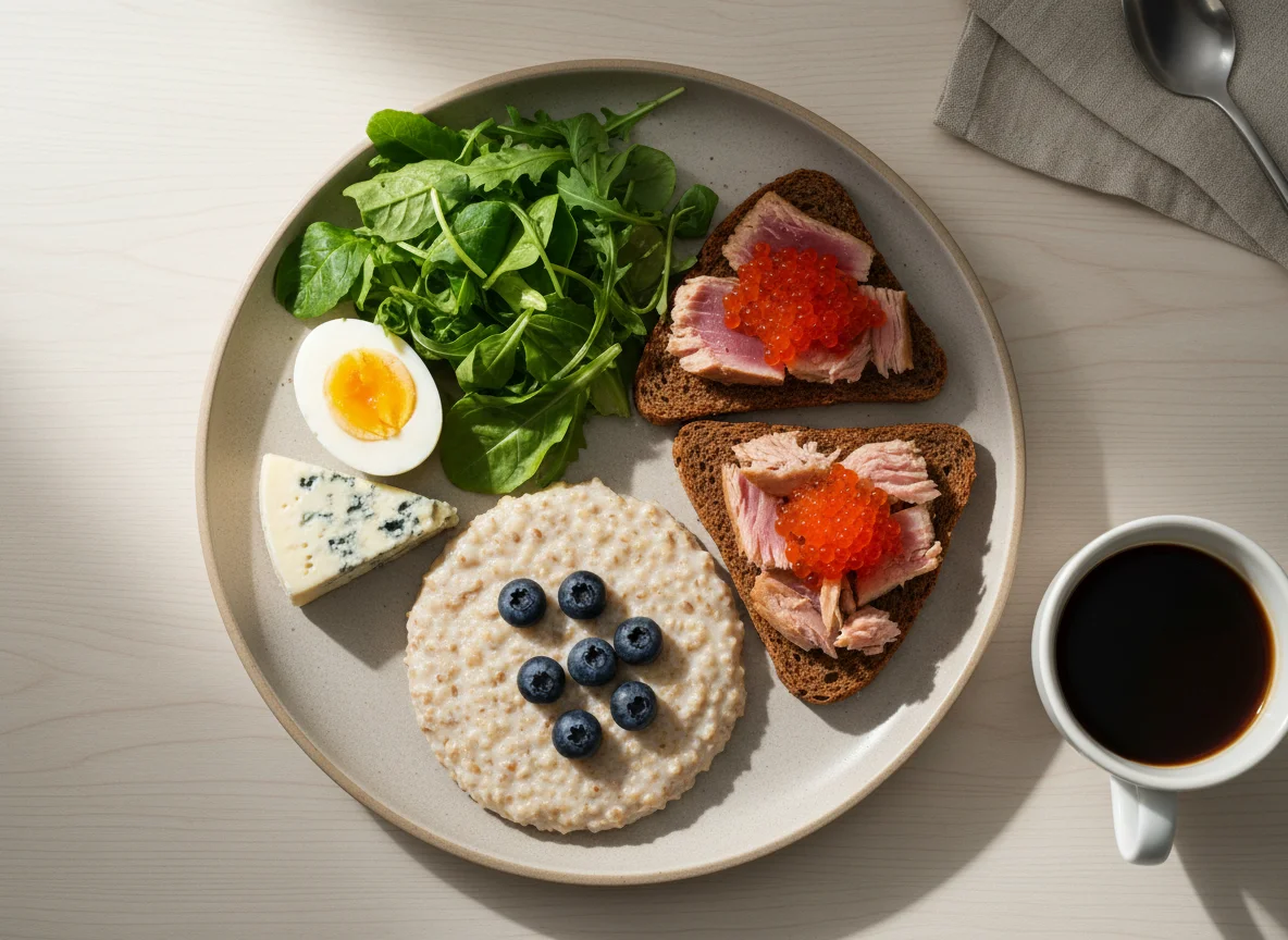 Завтрак с тостом, салатом и кашей photo