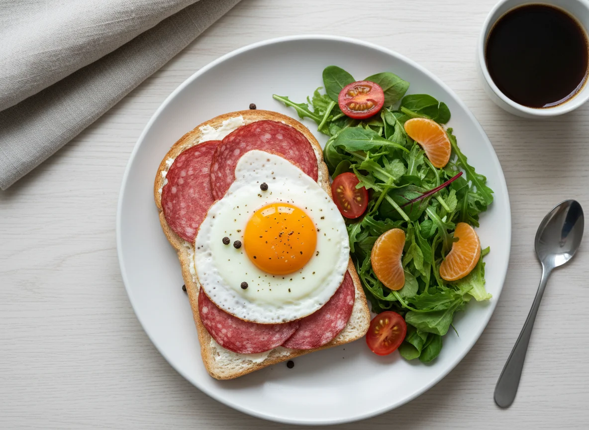 Завтрак с тостом, салатом и кофе photo