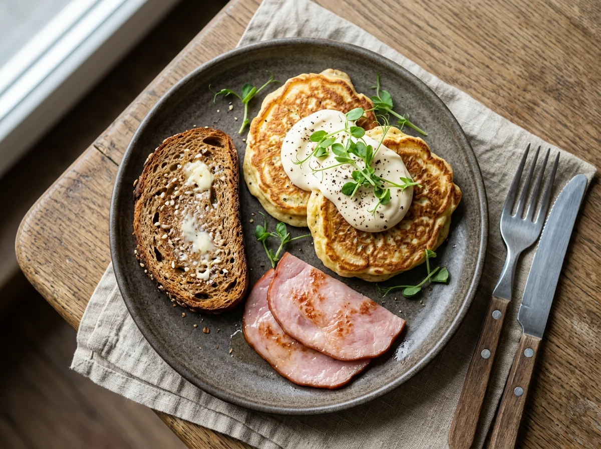 Завтрак с тостом, ветчиной, майонезом и яичными оладьями photo