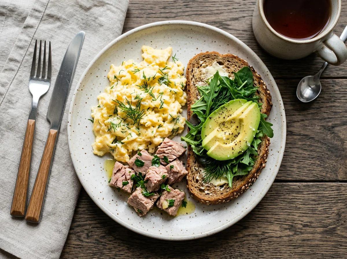 Завтрак с тунцом, яичницей и авокадо photo