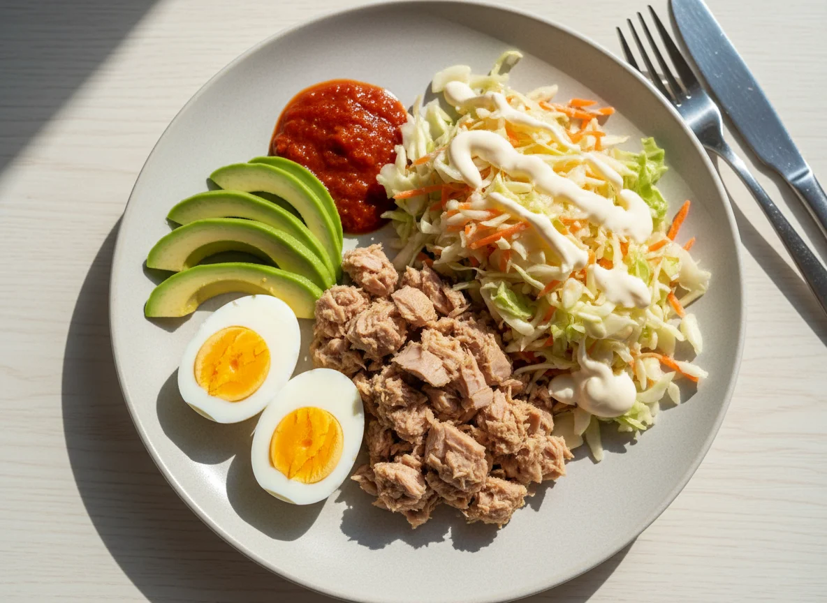 Завтрак с тунцом, яйцами, авокадо и овощным салатом photo