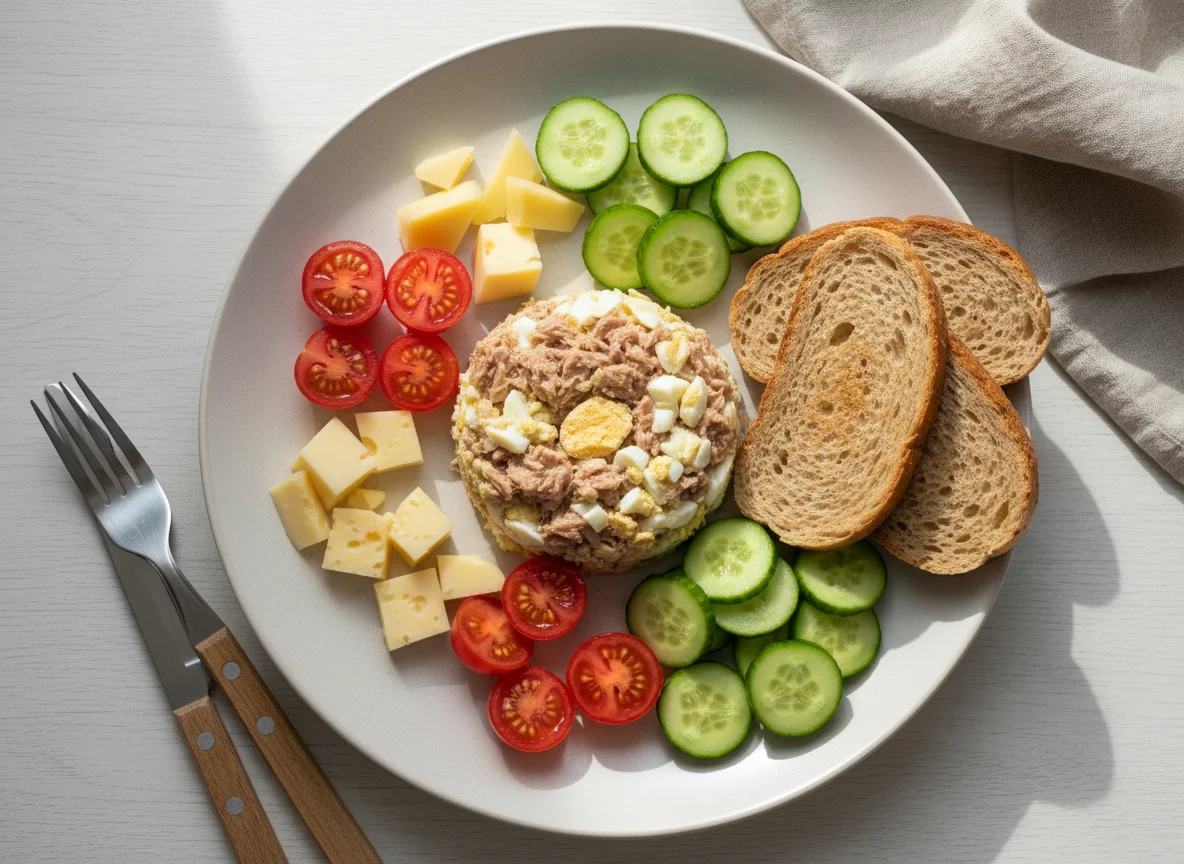 Завтрак с тунцом, яйцами и овощами photo