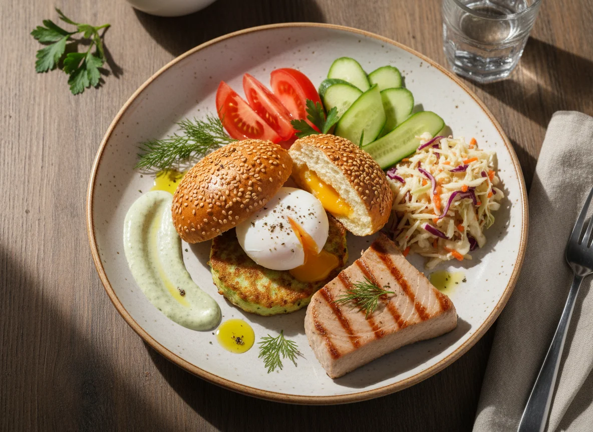 Завтрак с тунцом и яйцом пашот photo