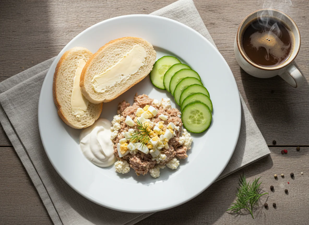 Завтрак с тунцом, творогом и яйцами photo