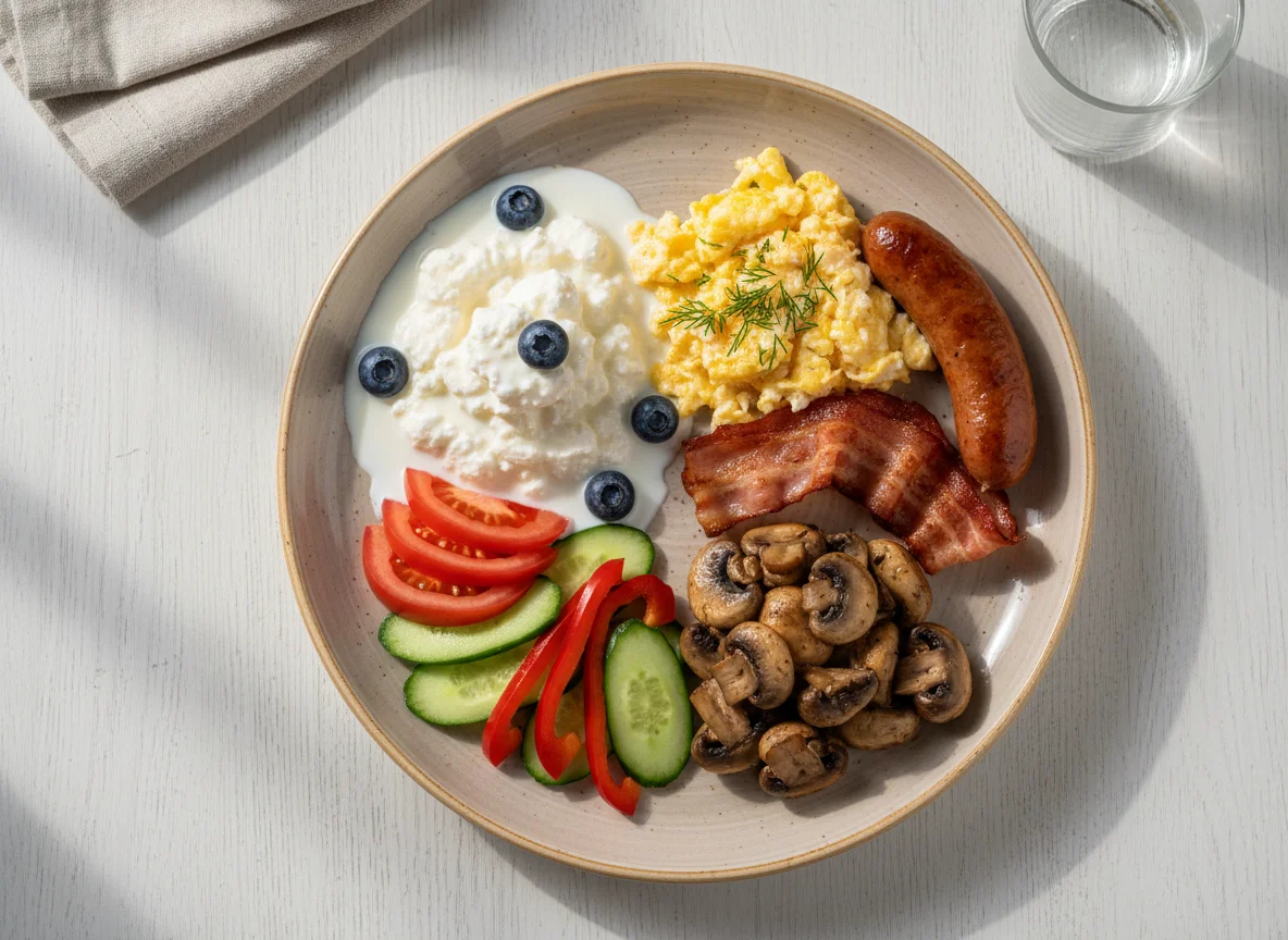 Завтрак с творогом, яичницей и овощами photo