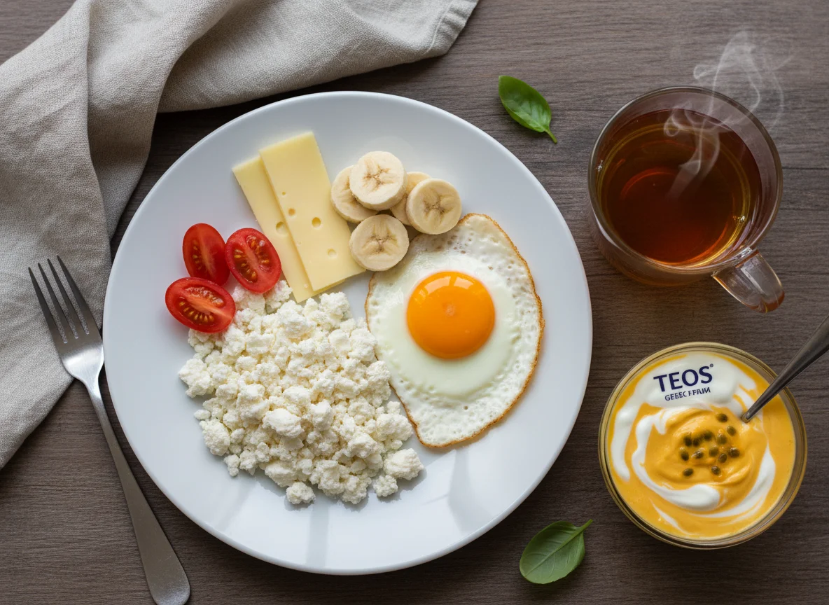 Завтрак с творогом, яйцами и фруктами photo