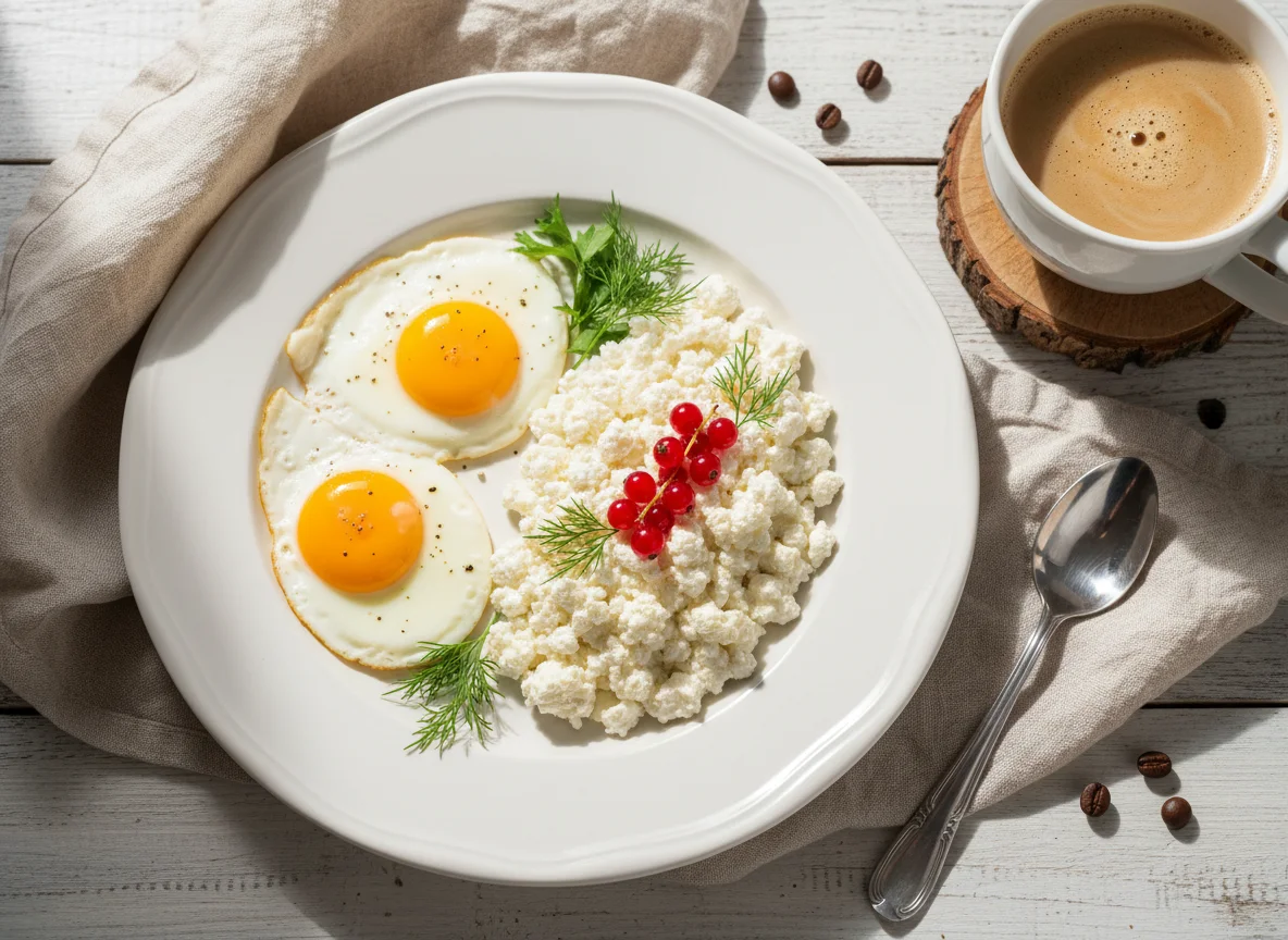 Завтрак с творогом, яйцами и кофе photo