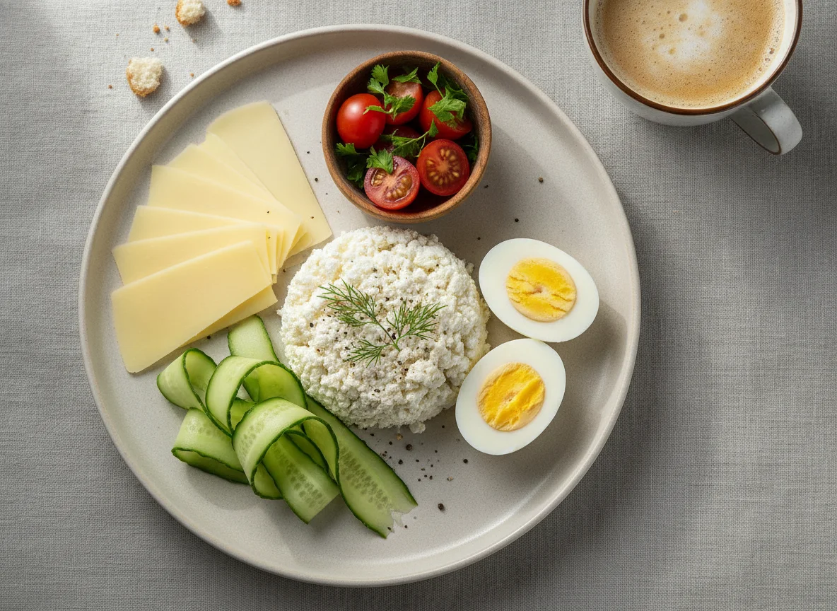 Завтрак с творогом, яйцами и овощами photo