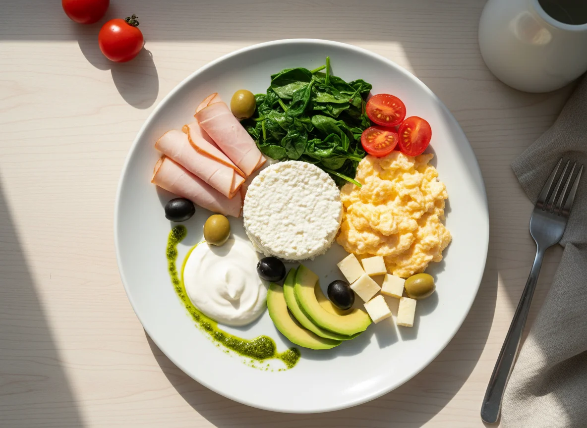 Завтрак с творогом, яйцами, шпинатом и овощами photo