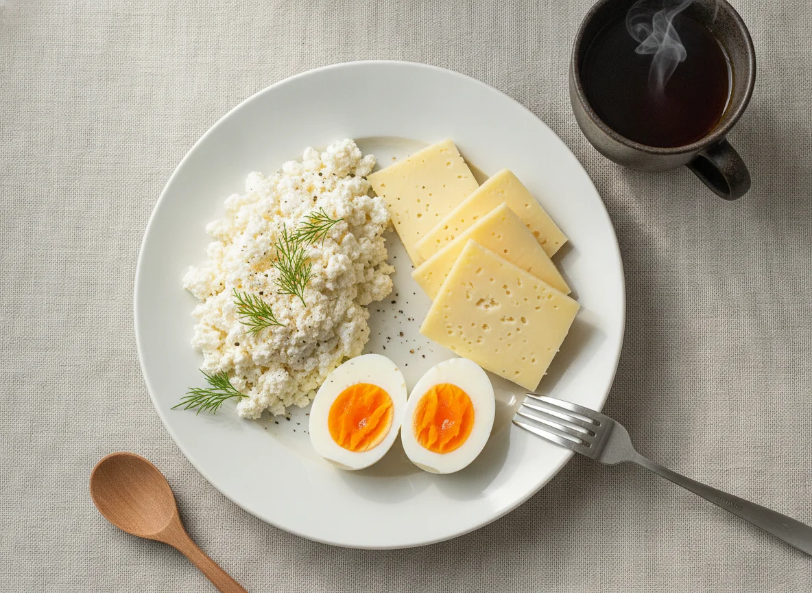 Завтрак с творогом, яйцом и сыром photo
