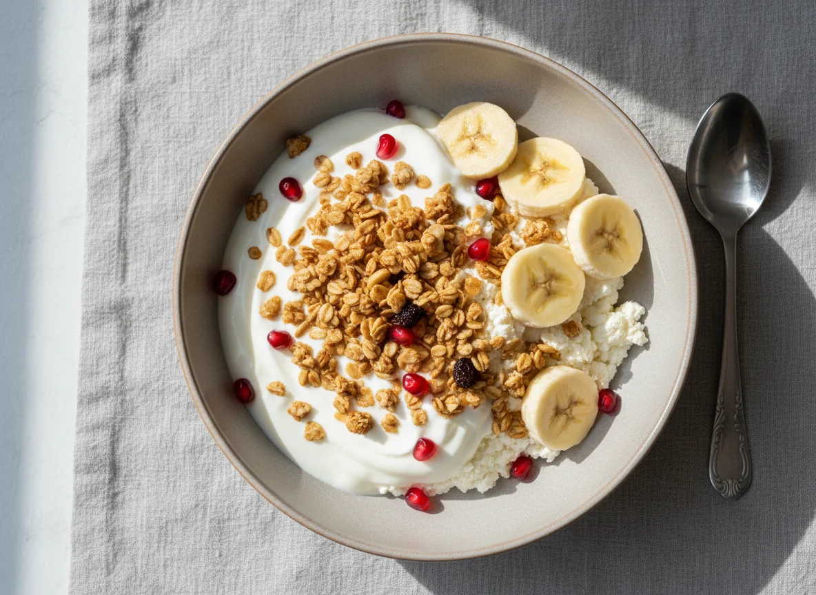 Завтрак с творогом, бананом и гранолой photo