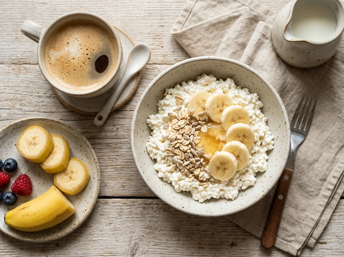 Завтрак с творогом, бананом и кофе photo