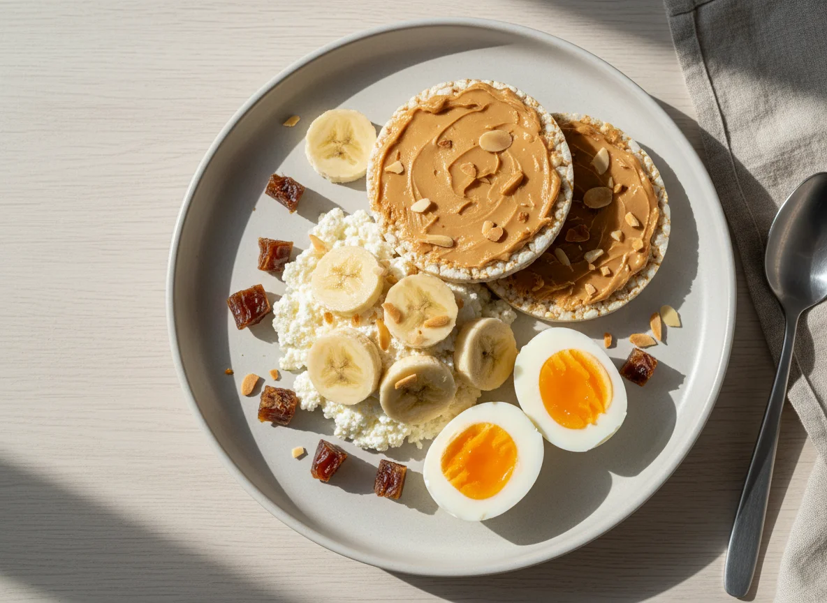 Завтрак с творогом, бананом и рисовыми хлебцами photo