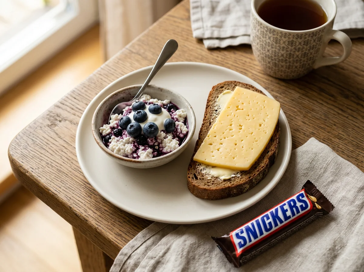 Завтрак с творогом, бутербродом и батончиком photo