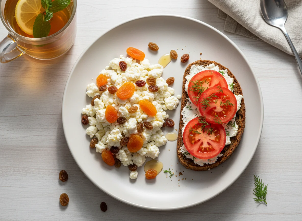 Завтрак с творогом, бутербродом и чаем photo