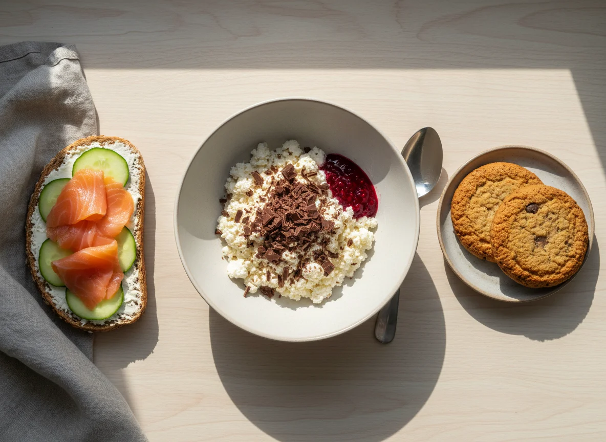 Завтрак с творогом, бутербродом и овсяным печеньем photo