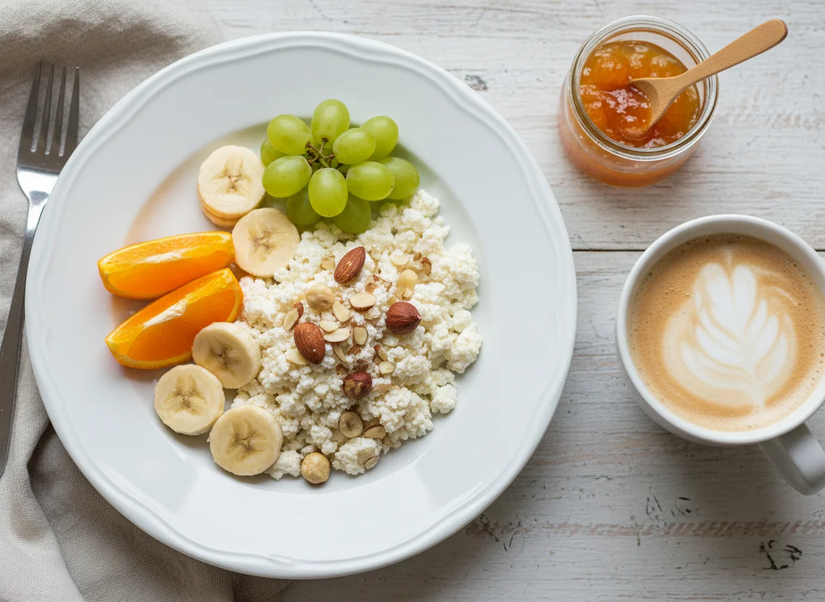 Завтрак с творогом, фруктами и кофе photo