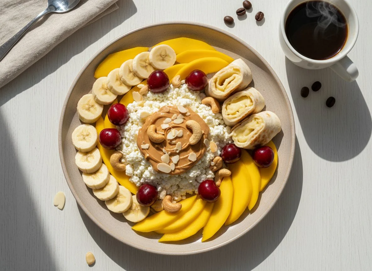 Завтрак с творогом, фруктами и лавашом photo