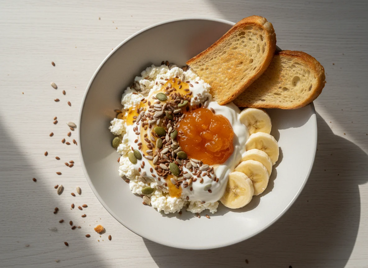 Завтрак с творогом, фруктами и семенами photo