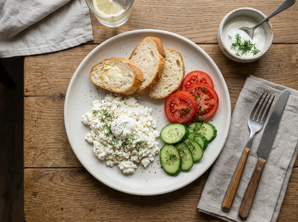 Завтрак с творогом, хлебом и овощами photo