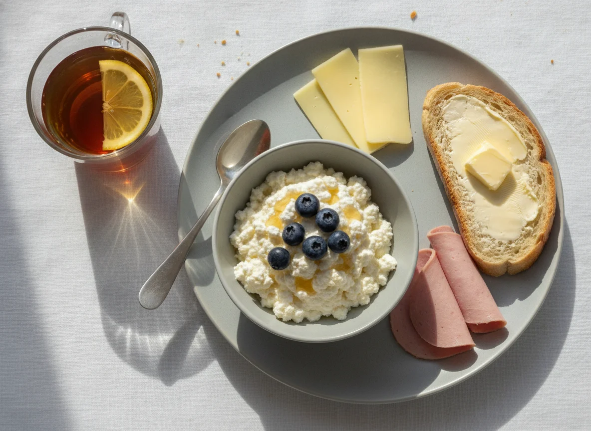 Завтрак с творогом, хлебом, сыром и чаем photo