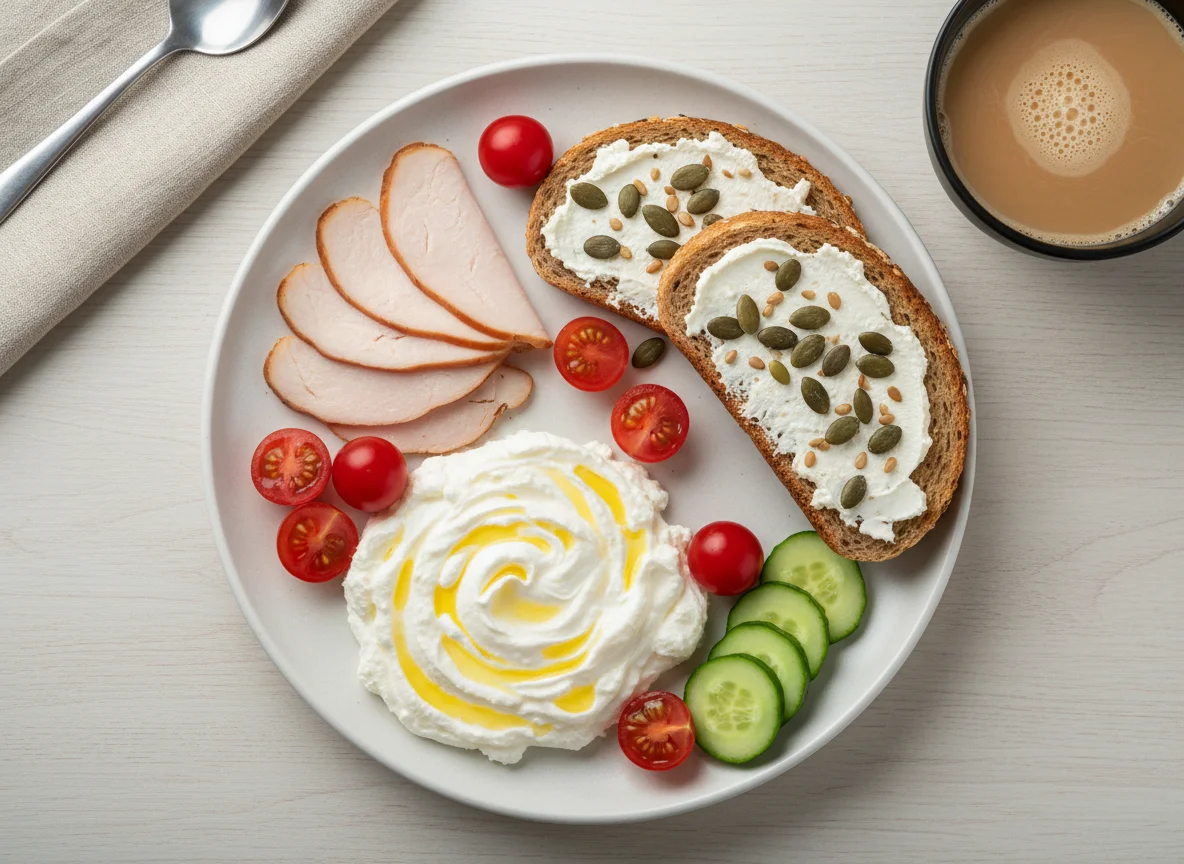 Завтрак с творогом, индейкой и тостом photo