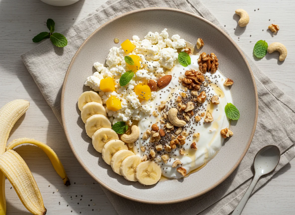 Завтрак с творогом, йогуртом и бананом photo