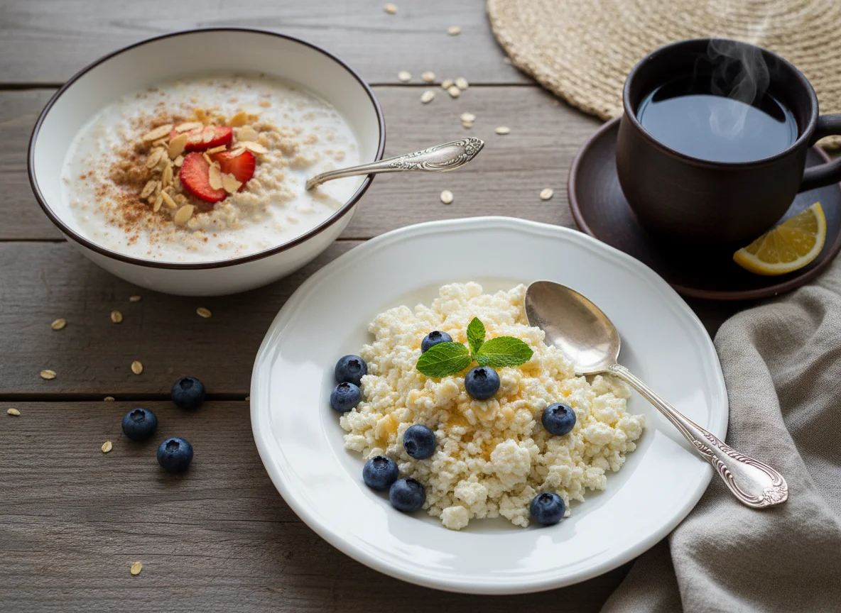 Завтрак с творогом, кашей и чаем photo