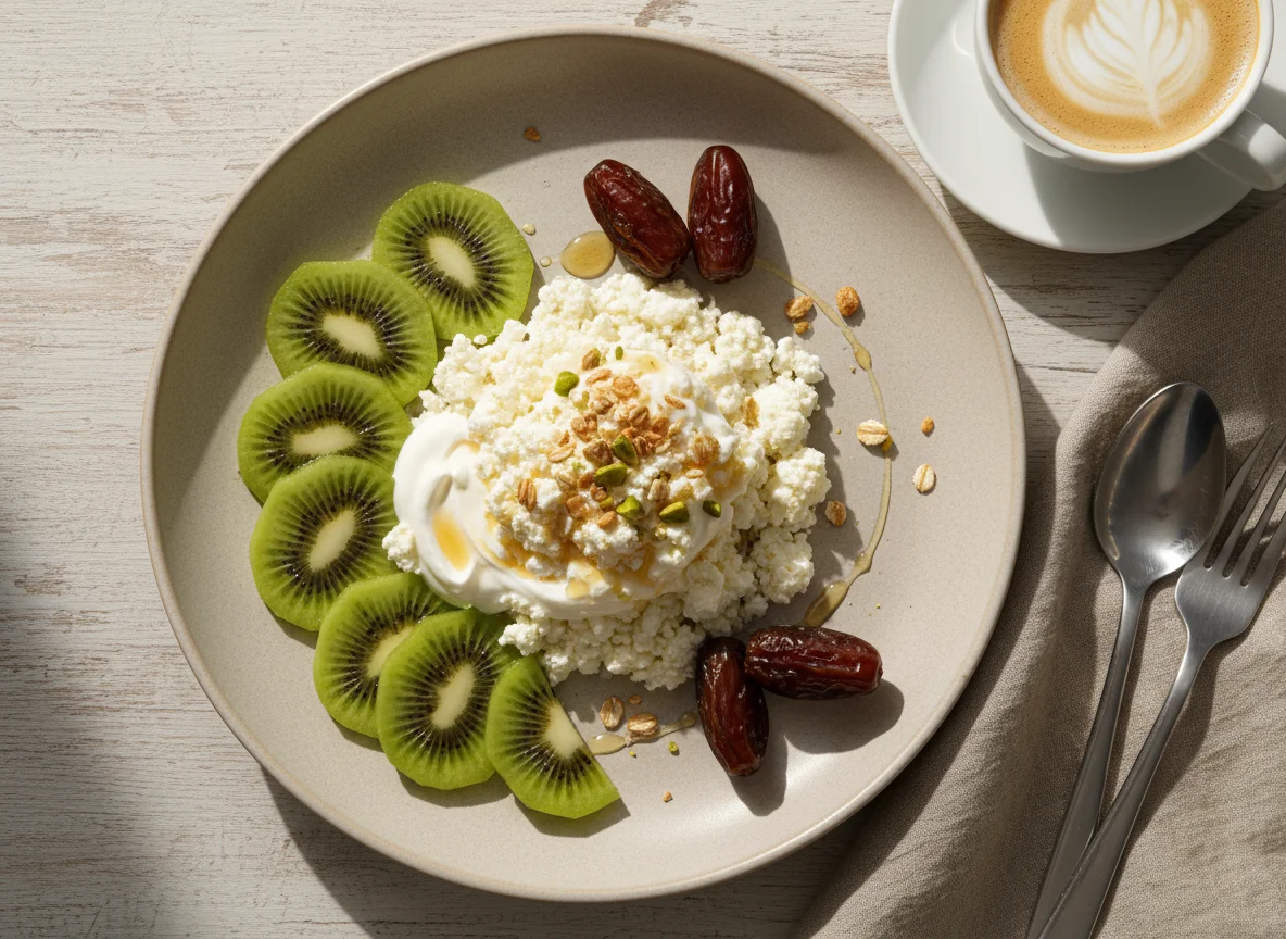 Завтрак с творогом, киви, финиками и кофе photo